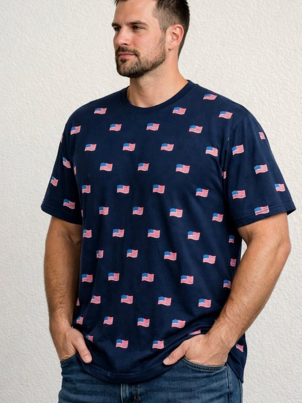 isaac Moris Navy Short-Sleeve Crewneck T-Shirt with American Flag Print